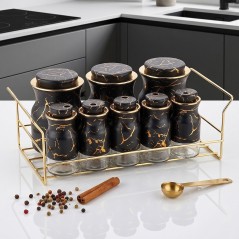 Porte-Épices avec 8 Pots en Verre Effet Marbre Noir