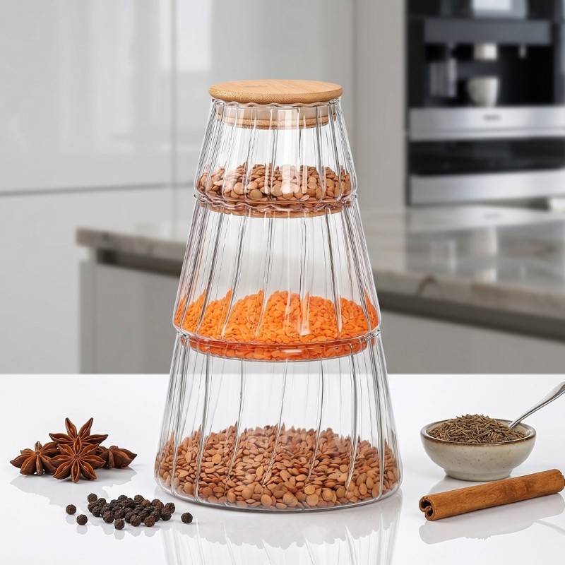 Série de 3 Boîtes en Verre avec Couvercle en Bois