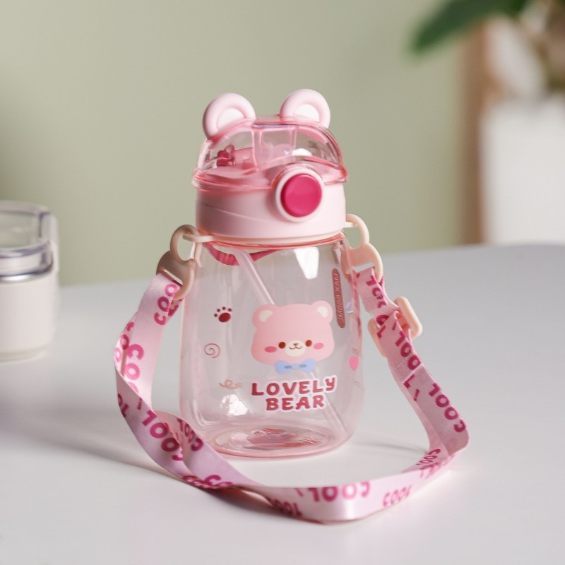 Gourde d'eau 550ML avec Paille et Sangle Rose