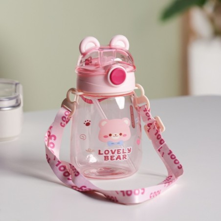 Gourde d'eau 550ML avec Paille et Sangle Rose