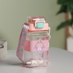 Gourde d'eau 650ml avec Paille et Sangle Rose