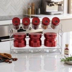 Porte-Épices avec Support Métallique 8 Pots en Verre - Rouge