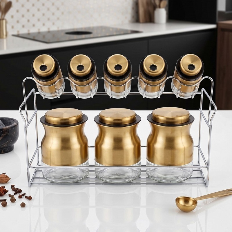 Porte-Épices avec Support Métallique  8 Pots en Verre - Bronze
