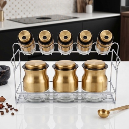 Porte-Épices avec Support Métallique 8 Pots en Verre - Bronze