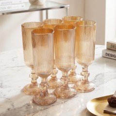 Lot de 6 Coupes Flûtes en Verre Côtelé Ambré sur Pied