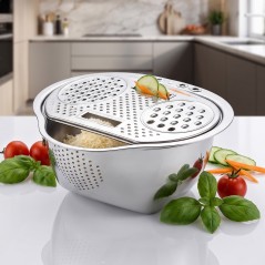 Passoire Râpe Multifonction en Inox avec Bassine Intégrée