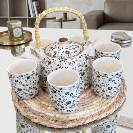 Ensemble Théière et 6 Tasses en Céramique Motifs Floraux