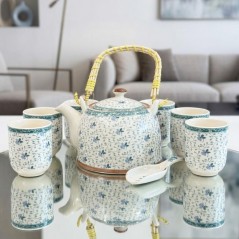 Ensemble Théière et 6 Tasses en Céramique Motifs Floraux