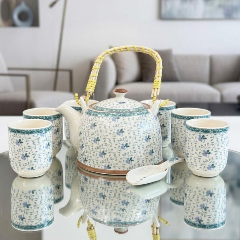 Ensemble Théière et 6 Tasses en Céramique Motifs Floraux