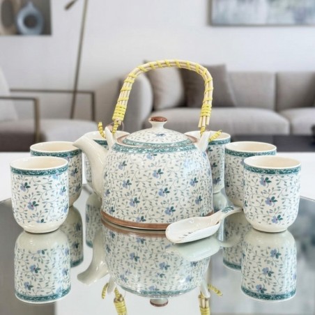 Ensemble Théière et 6 Tasses en Céramique Motifs Floraux