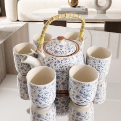 Ensemble Théière et 6 Tasses en Céramique Motifs Floraux