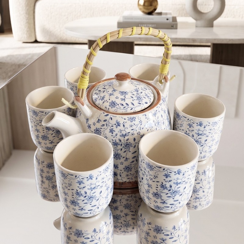 Ensemble Théière et 6 Tasses en Céramique Motifs Floraux