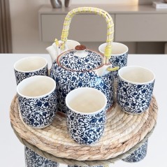 Ensemble Théière et 6 Tasses en Céramique Motifs Floraux