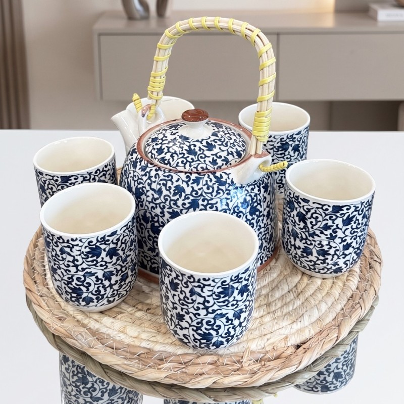 Ensemble Théière et 6 Tasses en Céramique Motifs Floraux