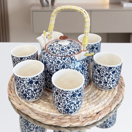 Ensemble Théière et 6 Tasses en Céramique Motifs Floraux