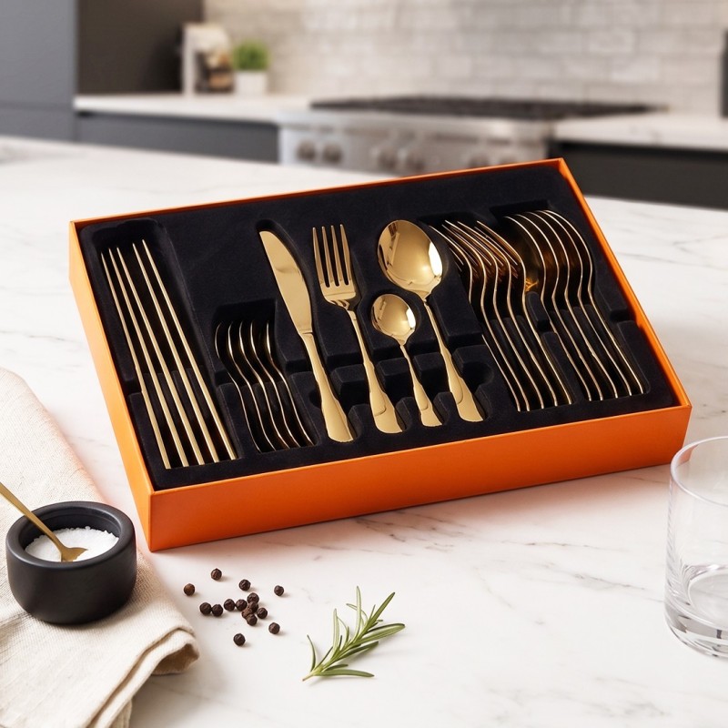 Coffret Ménagère 24 Pièces en Acier Inoxydable Doré Coffret Ménagère 24 Pièces en Acier Inoxydable Doré