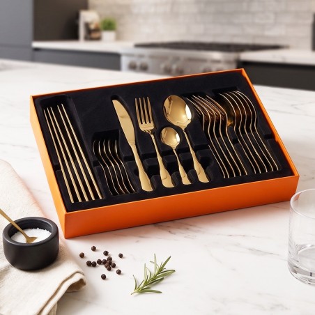 Coffret Ménagère 24 Pièces en Acier Inoxydable Doré