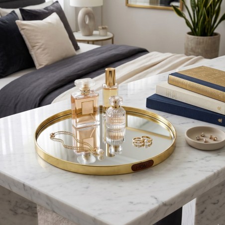 Plateau Miroir Rond ⌀19 cm avec Bordure Dorée