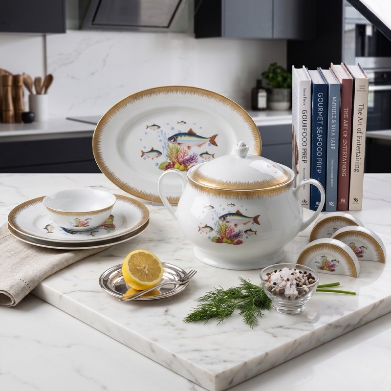 Service à Table en Porcelaine 31 Pièces – Motif Poisson Service à Table en Porcelaine 31 Pièces – Motif Poisson