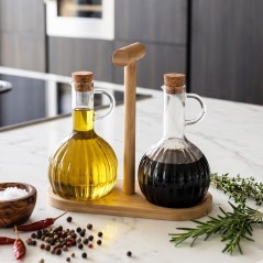 Set Huilier et Vinaigrier en Verre avec Support en Bois