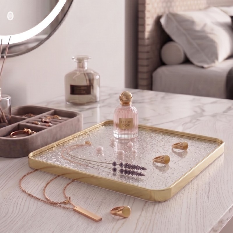 Plateau Miroir Carré 25 cm avec Bordure Dorée Plateau Miroir Carré 25 cm avec Bordure Dorée