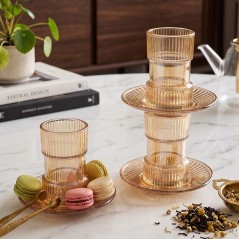 Service à Thé 12 Pièces en Verre Ambré avec Bord Doré