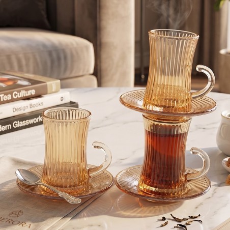 Service à Thé 12 Pièces en Verre Strié Ambré