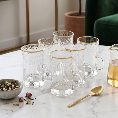 Service à Thé 6 Pièces en Verre Côtelé avec Bord Doré