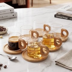 Service à Café 12 Pièces en Verre avec Sous-Tasses en Bambou