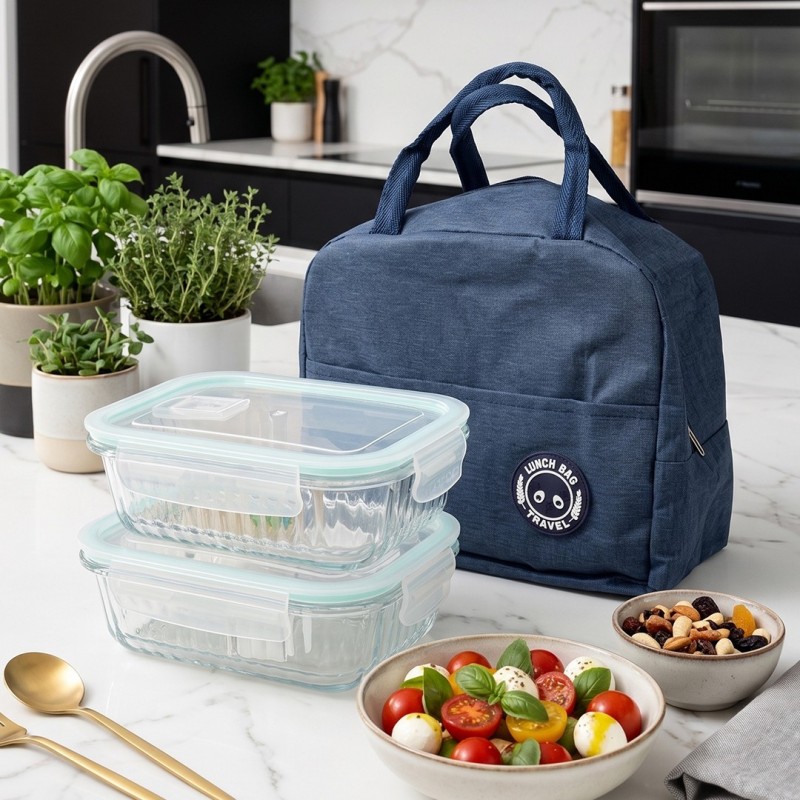 Ensemble de 2 Boîtes Alimentaires en Verre avec Sac Isotherme