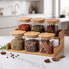 Porte-Épices 6 Pots en Verre avec Support en Bambou