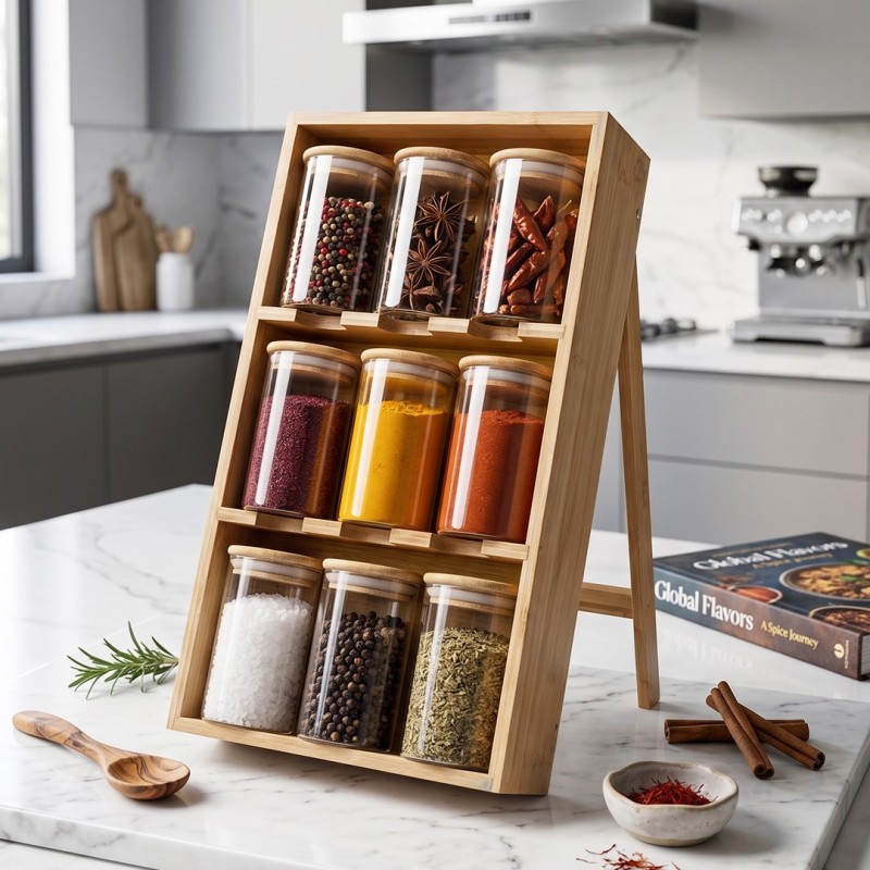 Porte-Épices 9 Pots en Verre avec Support en Bambou
