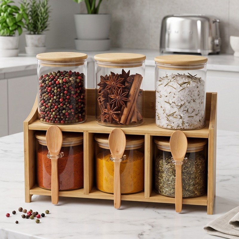 Porte-Épices 6 Pots en Verre avec Support en Bambou