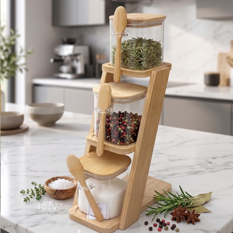 Porte-Épices 3 Pots en Verre avec Support en Bambou Porte-Épices 3 Pots en Verre avec Support en Bambou