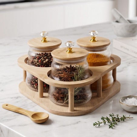 Porte-Épices 3 Pots en Verre avec Support Triangulaire en Bambou
