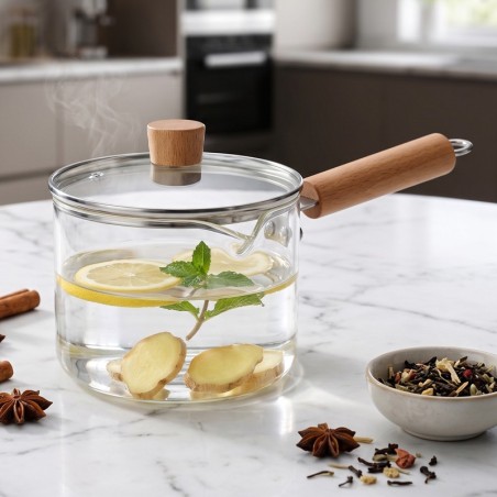 Casserole en Verre avec Couvercle et Manche Effet Bois