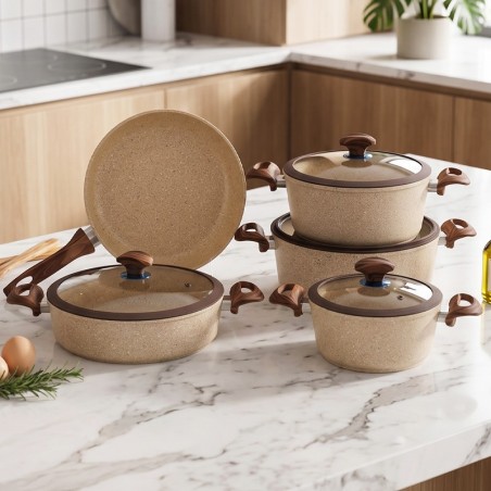 Falez Wooden Stone – Batterie de Cuisine Granite 9 Pièces