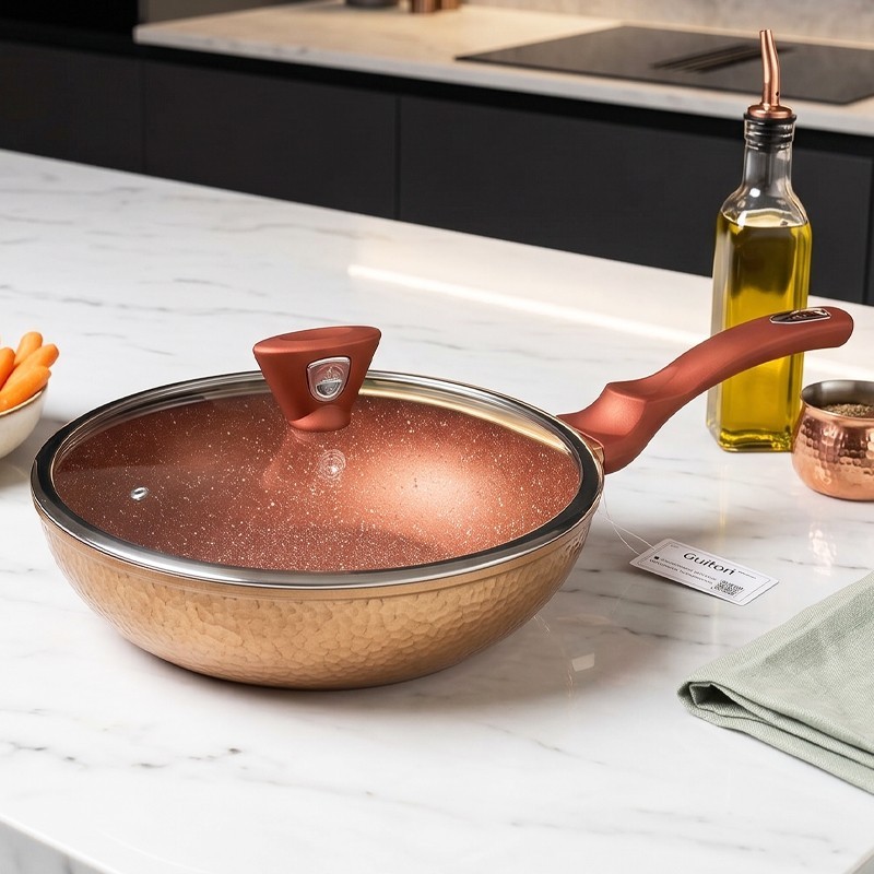 Poêle Sauteuse Effet Cuivre avec Couvercle en Verre