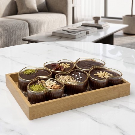 Service à Dessert en Verre avec Plateau en Bambou - 6 Pièces