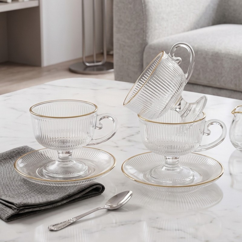 Service à Café en Verre avec Sous-Tasses