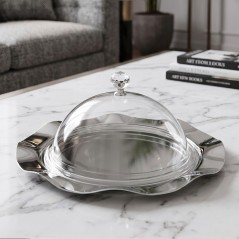 Présentoir à Gâteaux en Acier Inoxydable avec Cloche 40 cm