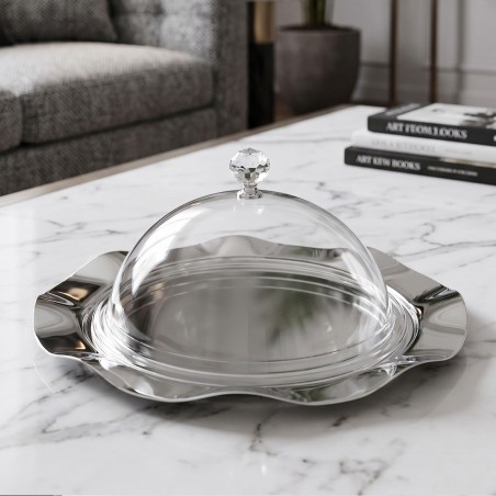 Présentoir à Gâteaux en Acier Inoxydable avec Cloche 40 cm