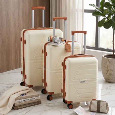 Série de 3 Valises en Polypropylène Incassable Blanc & Marron - COLISEE+