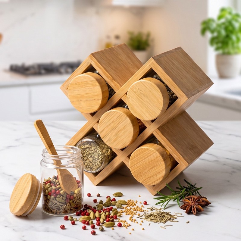 Porte-Épices en Verre avec Support en Bambou - 6 Pièces Porte-Épices en Verre avec Support en Bambou - 6 Pièces