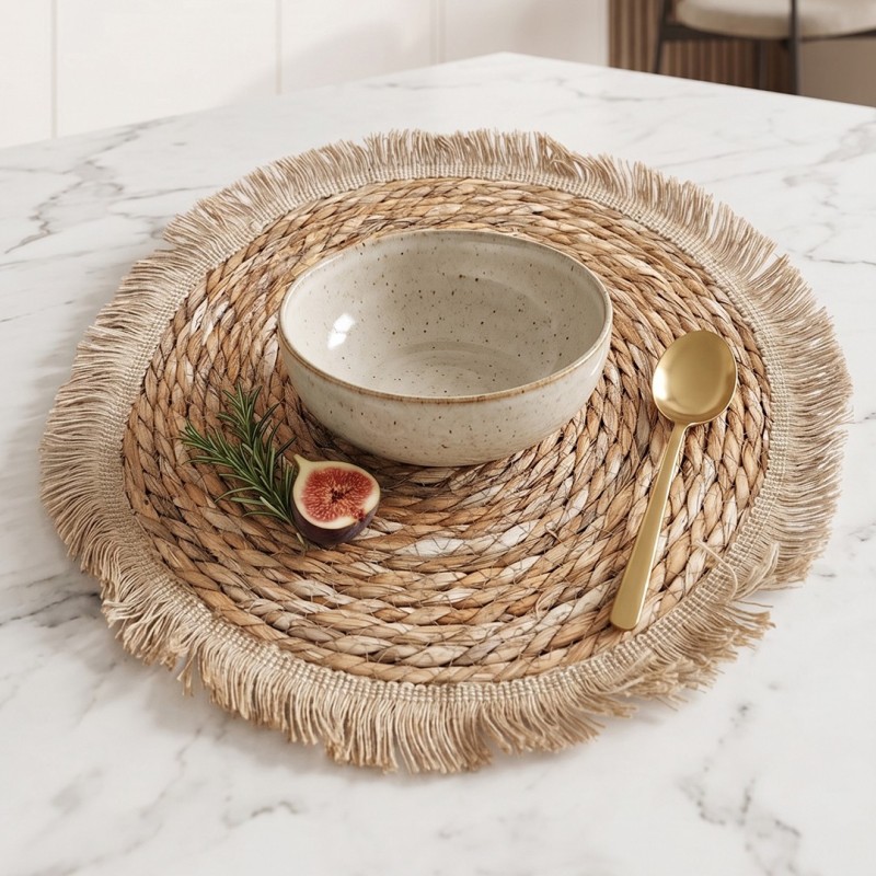 Sous-Plat Rond en Fibre Naturelle Tressée avec Franges 30 cm Sous-Plat Rond en Fibre Naturelle Tressée avec Franges 30 cm