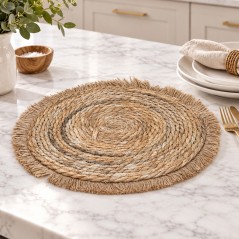 Sous-Plat Rond en Fibre Naturelle Tressée avec Franges 36 cm