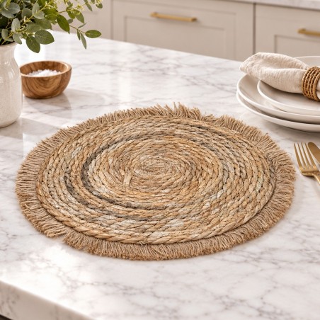 Sous-Plat Rond en Fibre Naturelle Tressée avec Franges 36 cm
