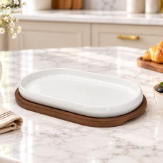 Plateau de service en céramique avec base en bois 28 × 15 cm