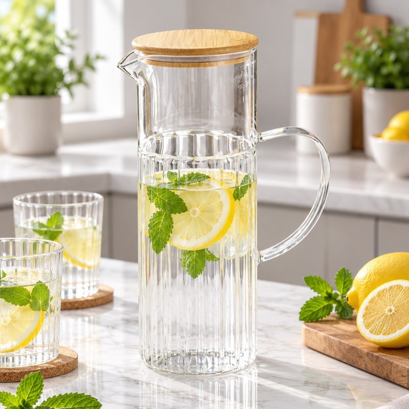 Carafe en Verre avec Couvercle en Bambou 1200 ml