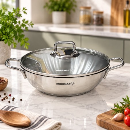 Wokpan 28 cm en Inox 18/10 avec couvercle en verre - Korkmaz